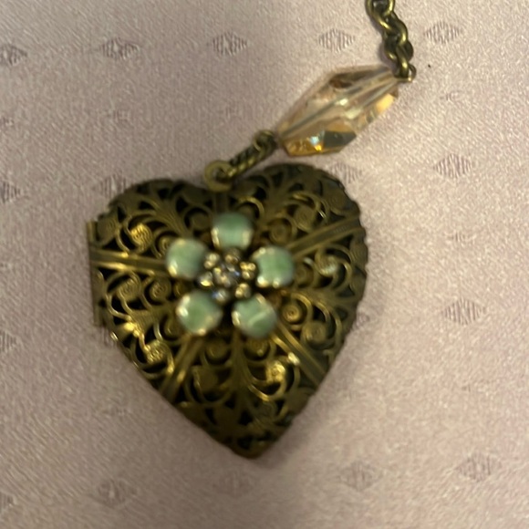 Lizpaialios Heart Locket Pendant 36” Chain W Crystals Brass no clasp Tye it - Picture 2 of 7